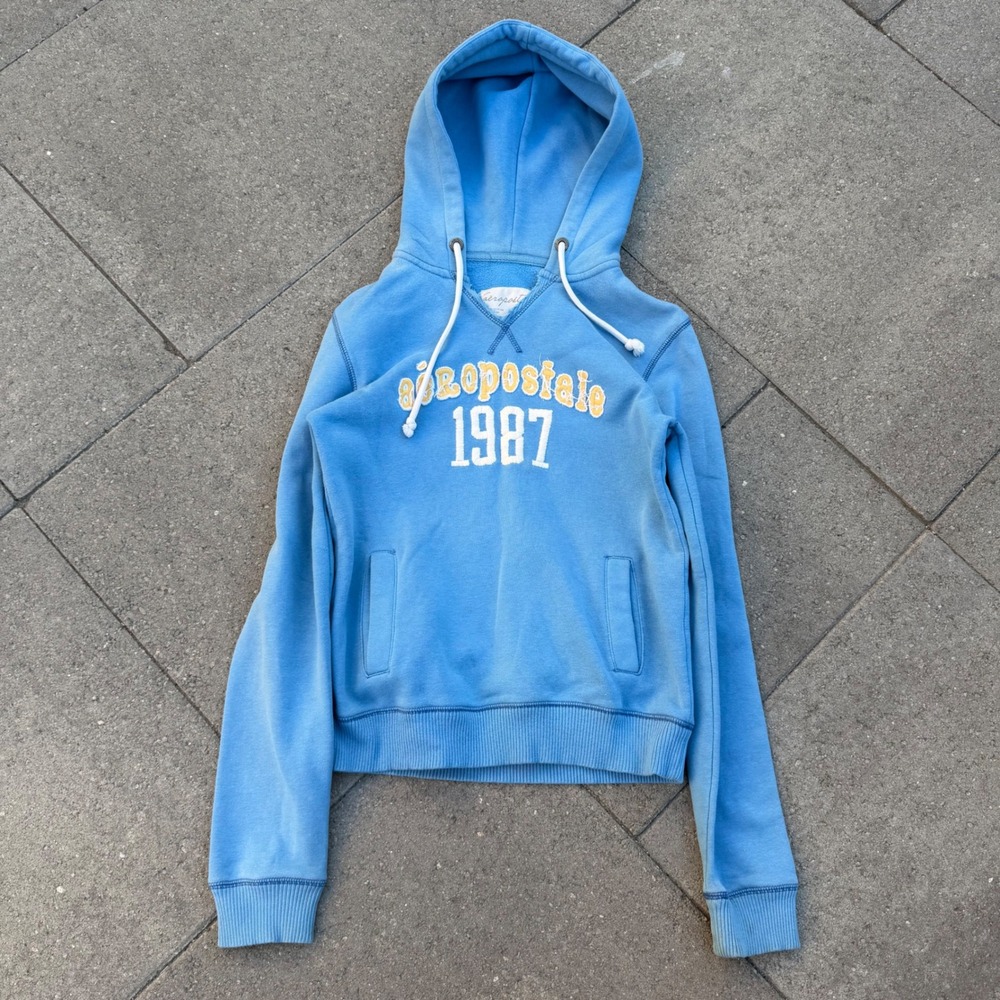 Aeropostale 1987 Blue Pullover Hoodie Distressed Graphic Sweatshirt Womens L